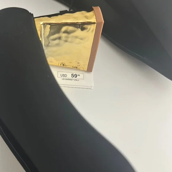 Zara Black Satin Heels With Metallic Gold Block Heel - Picture 10 of 11